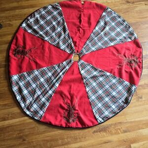 Christmas Tree Skirt 64" Red Tartain Plaid Embroidered Stagheads Velvet Buttons